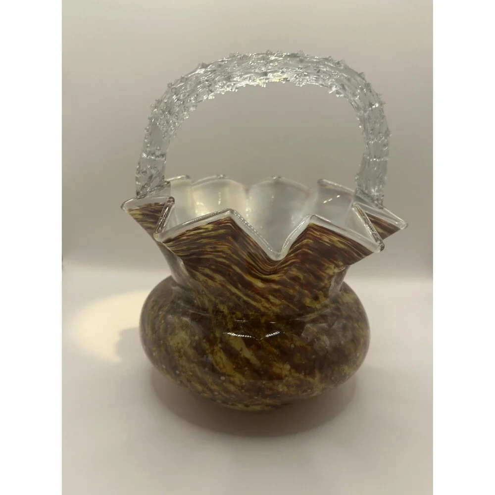 Antique Victorian Bohemian Glass Thorn Handled Crimped Edge Basket